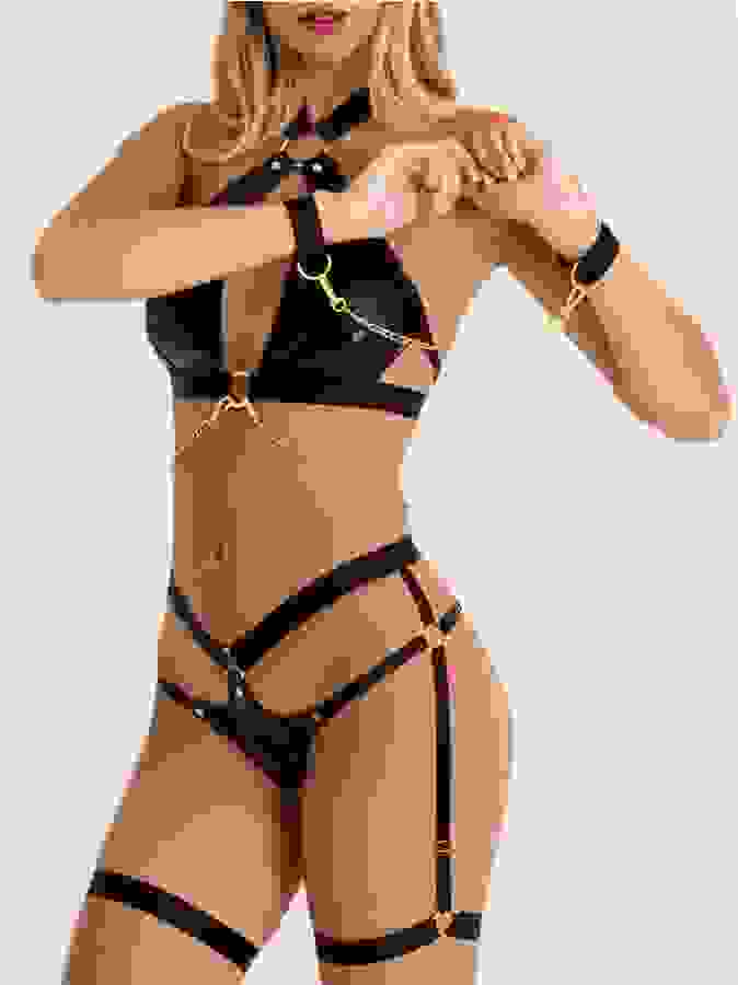 Lovehoney Fierce Caged Desire Black Bra Set, Black, hi-res